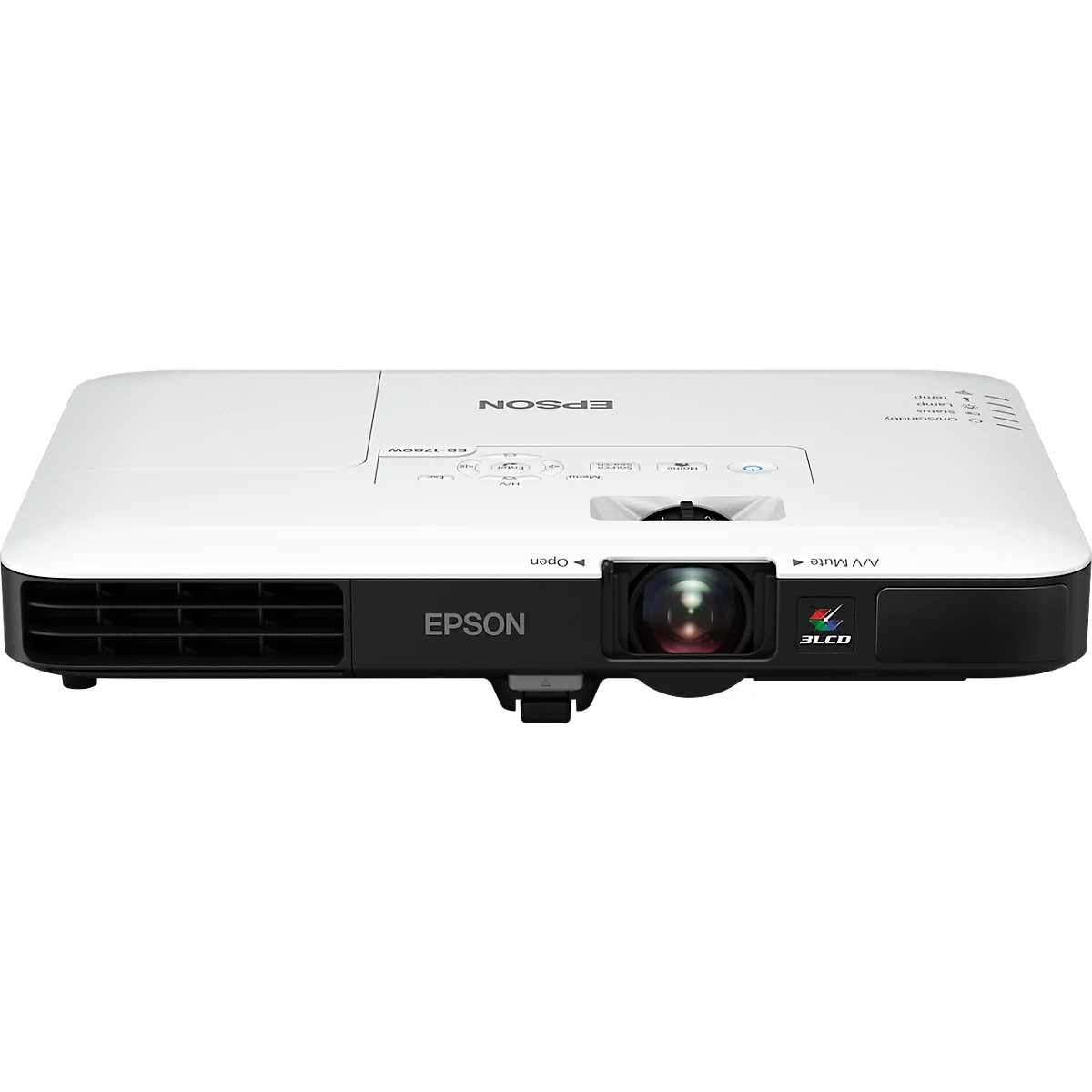 White Epson projector with a black front. The lens is positioned in the middle, with the name "Epson" below.