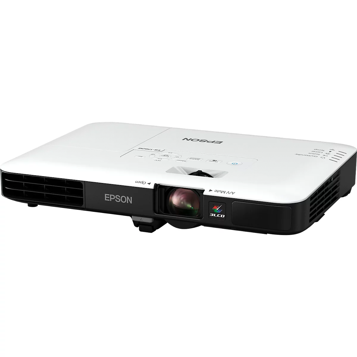 White projector with black border. The lens is in focus. The brand name 'EPSON' is visible.