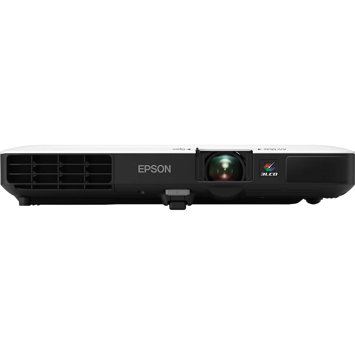 Close-up of an Epson projector with a black case, lens, and brand logo.