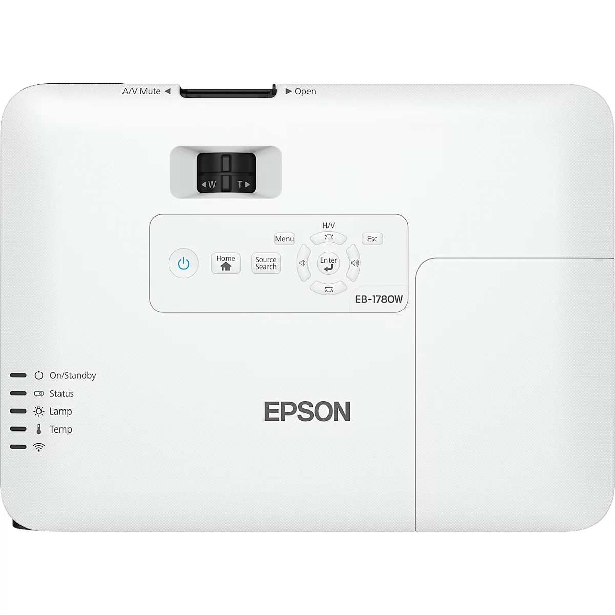 White Epson projector. Controls, power button, connections and model name EB-1780W.