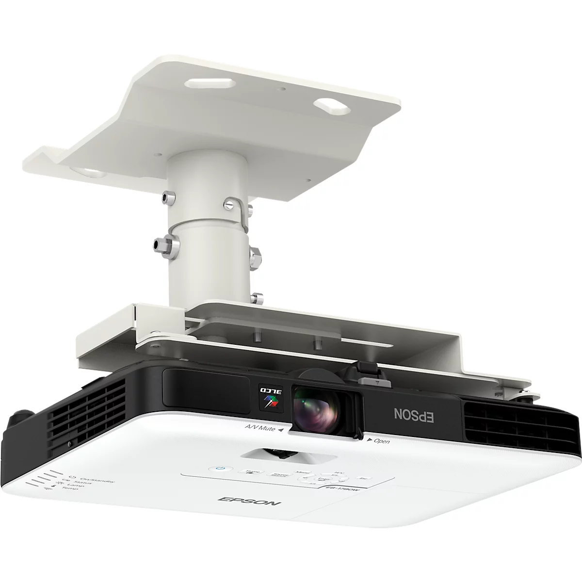 Ceiling projector, white and black, attached to a mount. The Epson logo is visible.