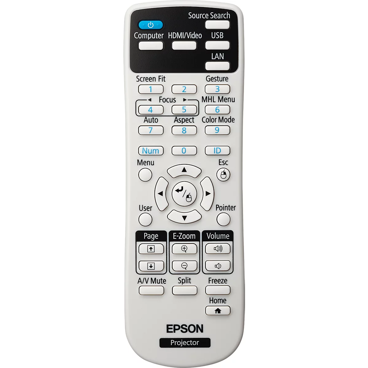 A white Epson remote control with many buttons and labels. At the top are 'Source Search' and 'Computer'.