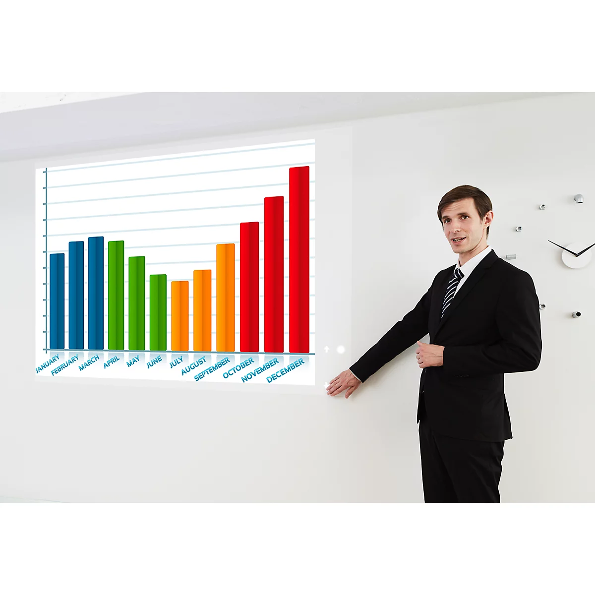 A man in a suit points to a chart projected on a wall.