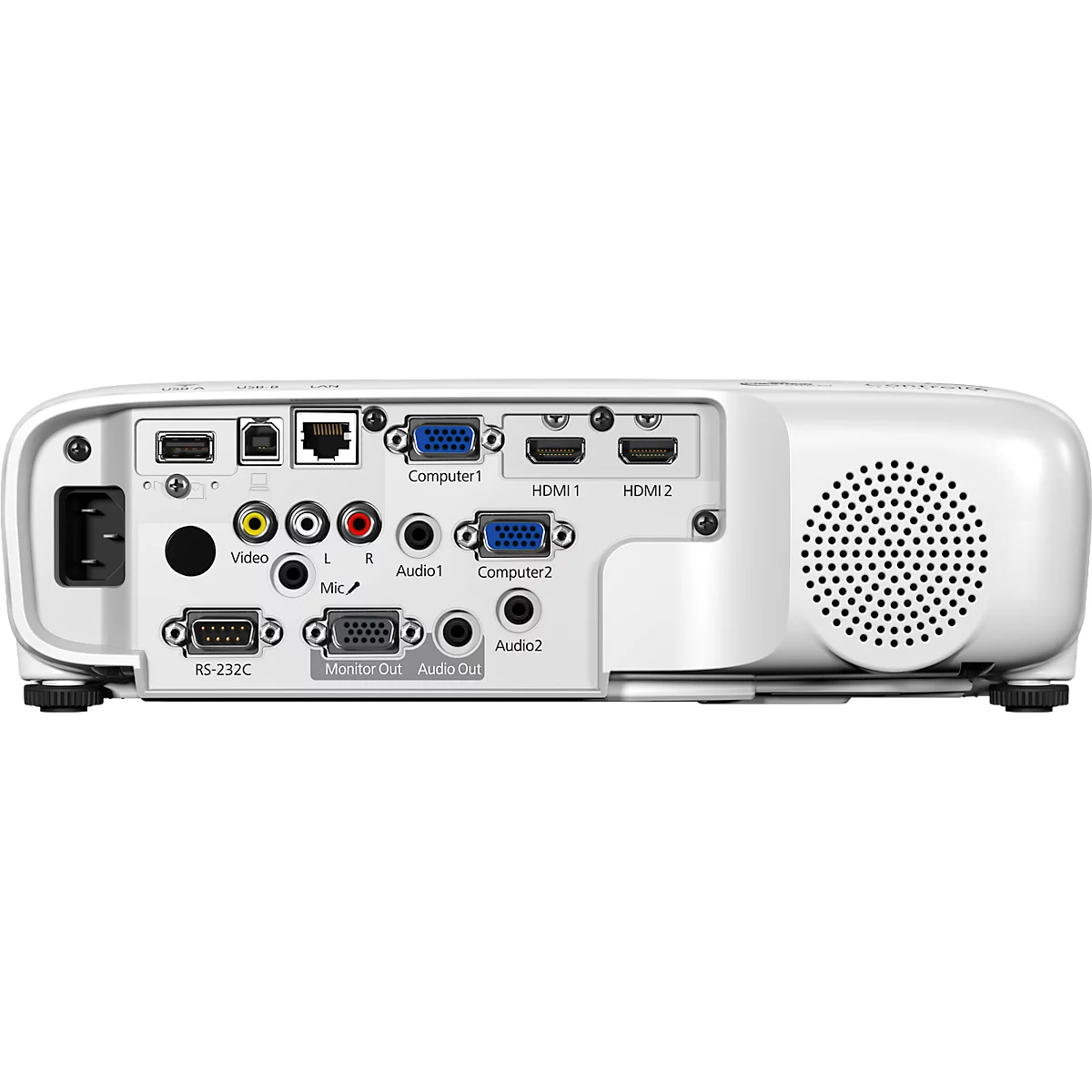 Close-up of the back of a white projector with various ports: HDMI, VGA, audio, USB, network, and power.