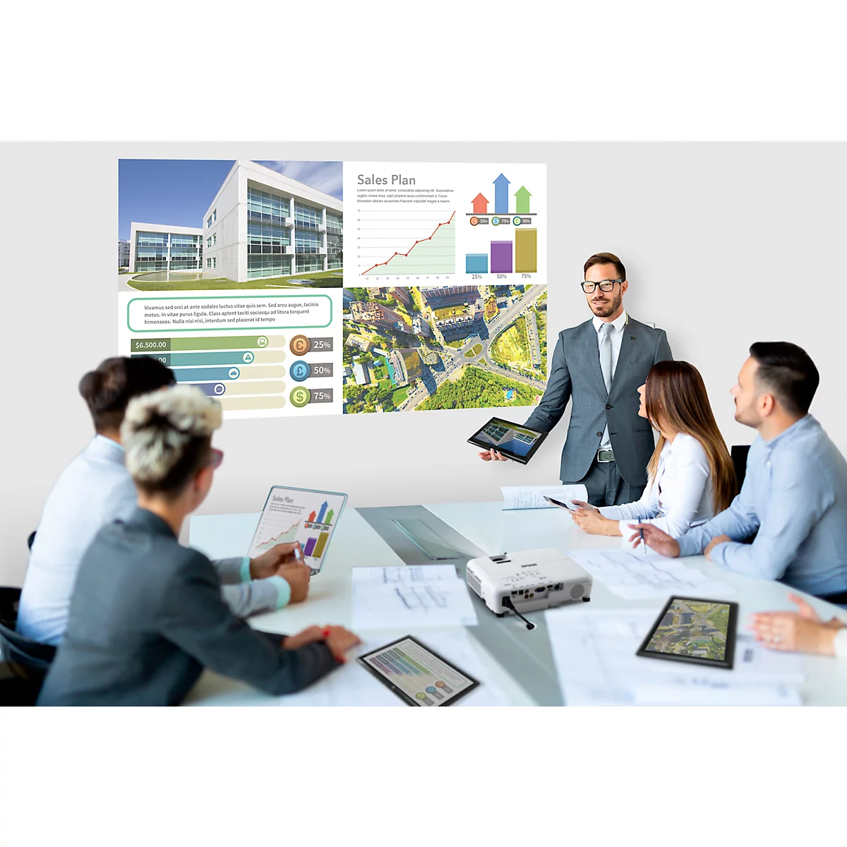 A man presents a presentation with diagrams and photos to a group of colleagues. A projector is on the table.