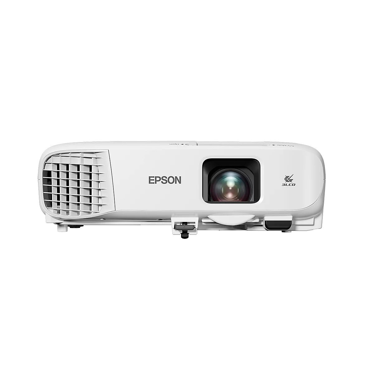 Front view of a white Epson projector. The lens is in the middle. The brand name is clearly visible.