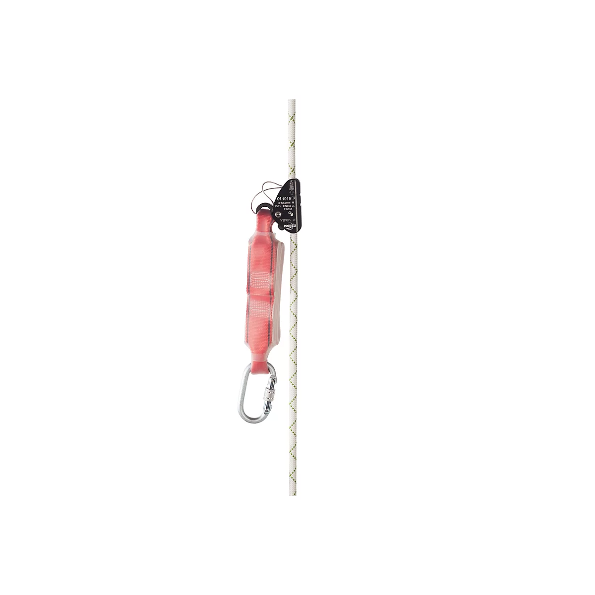 Ein schwarzer Seilgreifer mit rotem Falldämpferband und Karabiner, montiert an einem vertikalen Kletterseil.