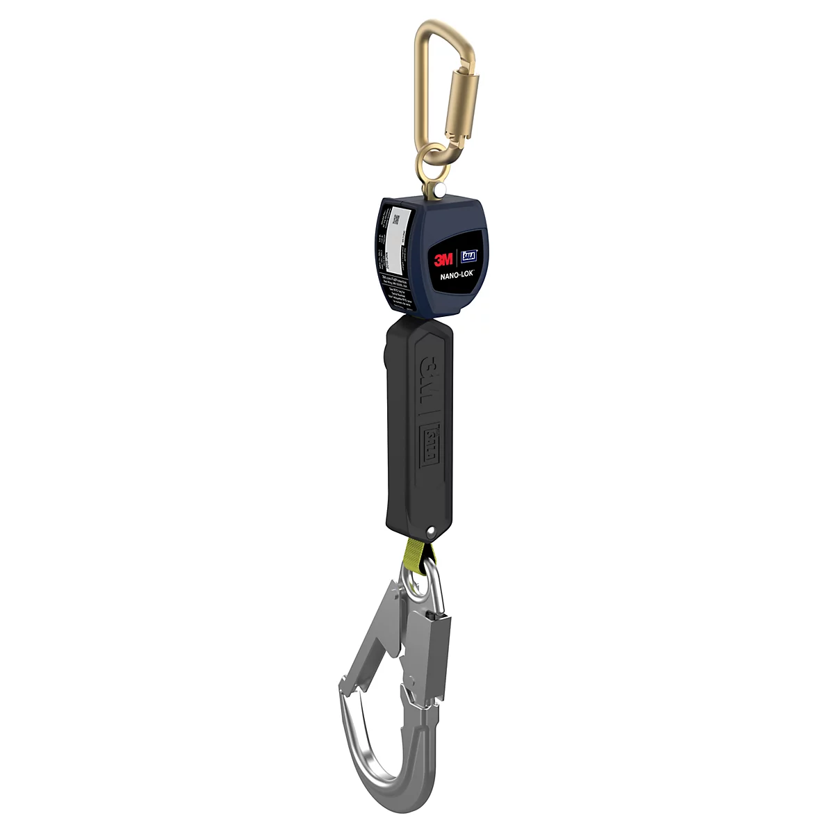 3M DBI-SALA Nano-Lok Höhensicherungsgerät mit Karabinerhaken und Verbindungselement vor weißem Hintergrund.