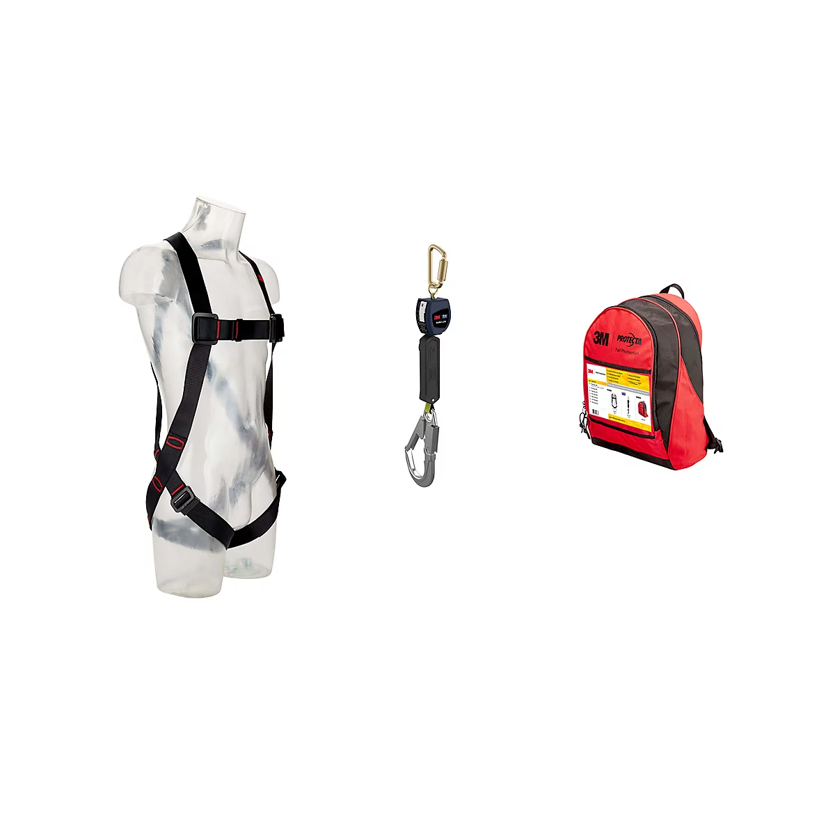 Auffanggurt, Höhensicherungsgerät und Rucksack von 3M vor weißem Hintergrund.