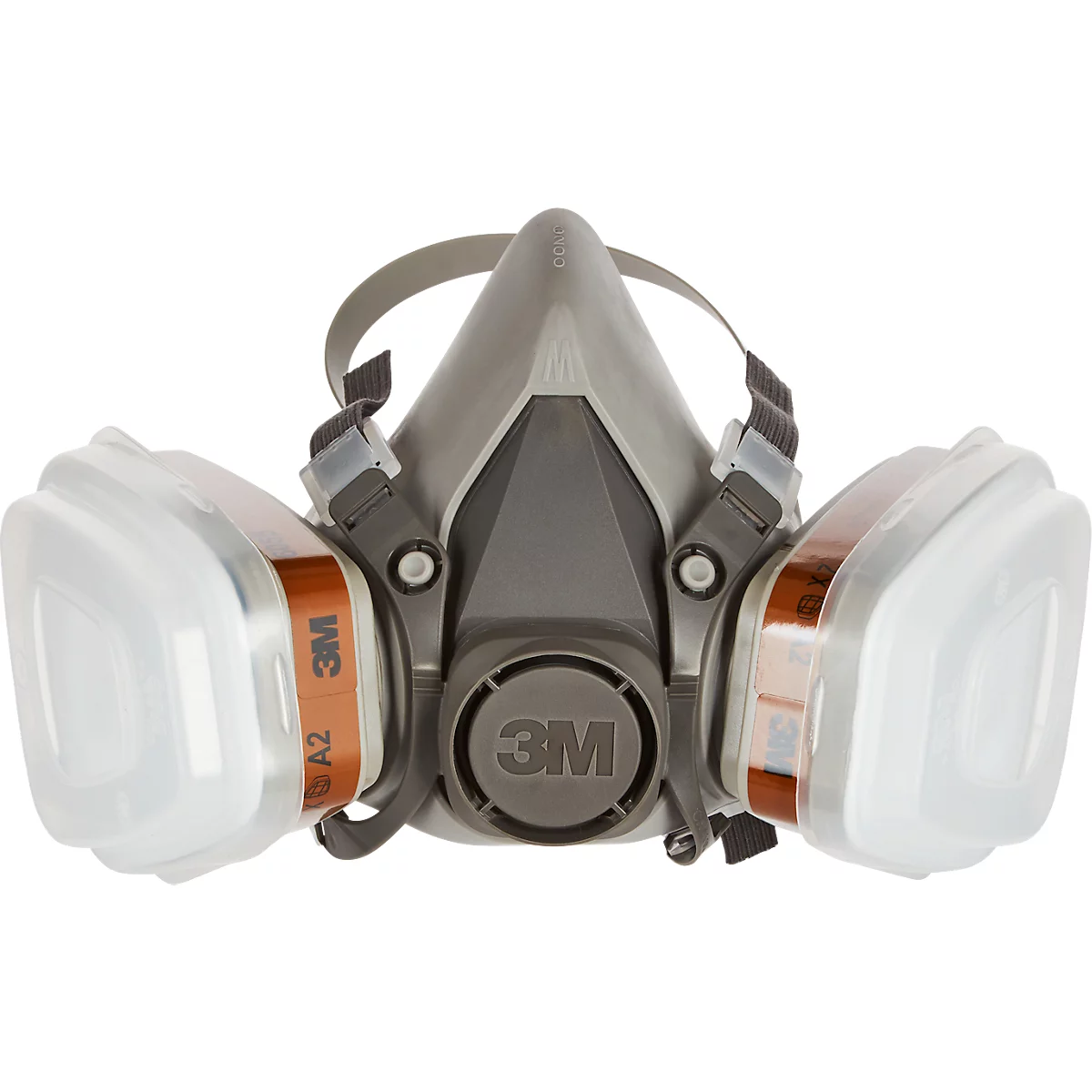 Graue Atemschutzmaske mit Filtern, Marke 3M. Auf den Filtern ist die Kennzeichnung A2 zu sehen.