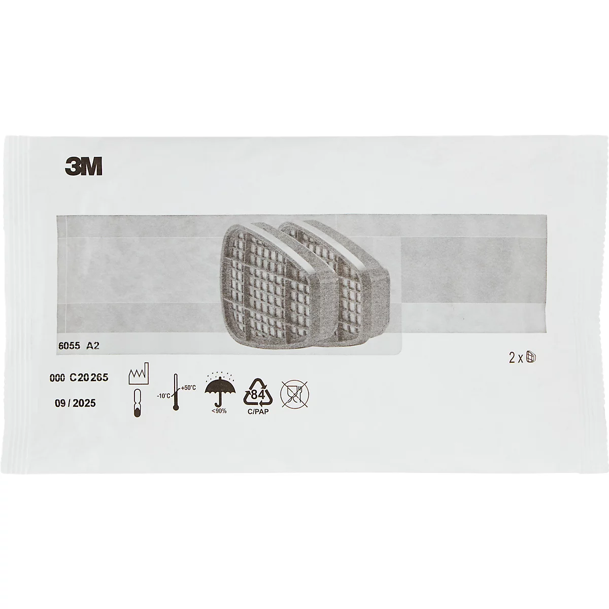Produktverpackung mit zwei Atemfilter. Aufdruck: 3M, 6055 A2, 09/2025. Graue Filter in weißer Verpackung.