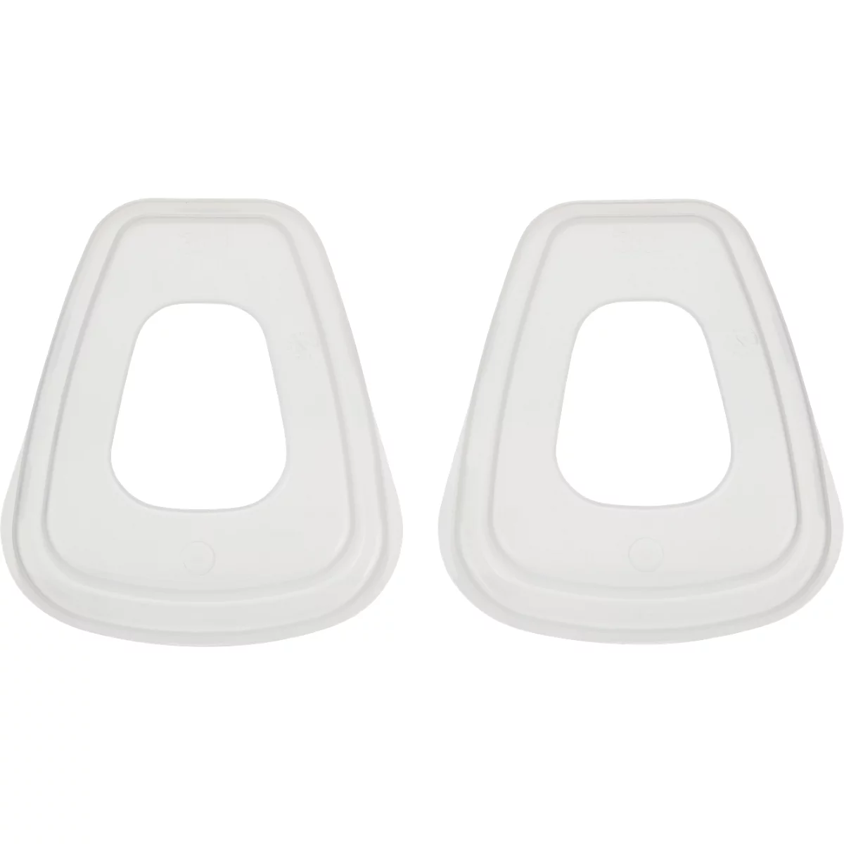 Zwei weiße Filter für eine Atemschutzmaske. Sie sind leicht transparent und haben eine längliche, ovale Form mit einem Loch in der Mitte.