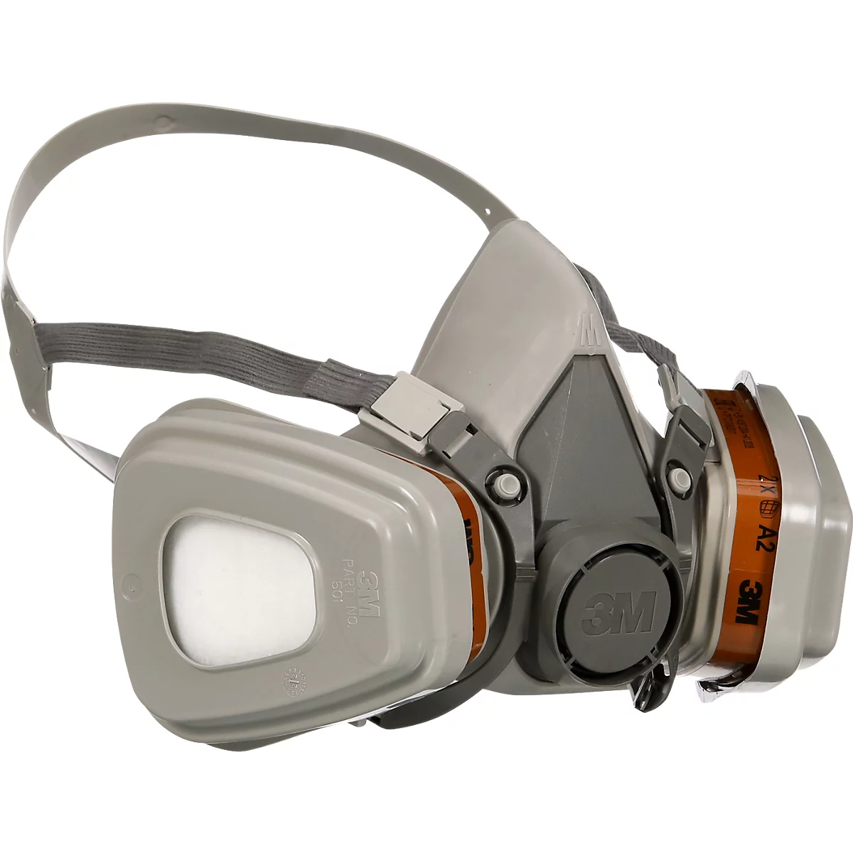 Graue Atemschutzmaske von 3M mit Filtern und Riemen.