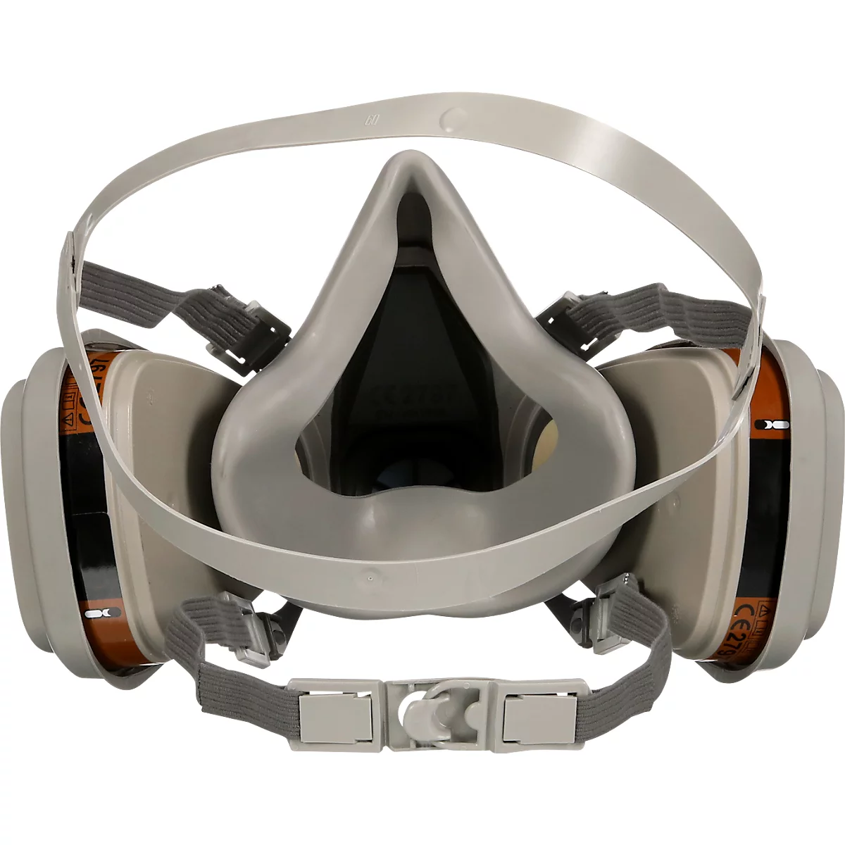 Graue Atemschutzmaske von innen gesehen, mit Filtern und Riemen.