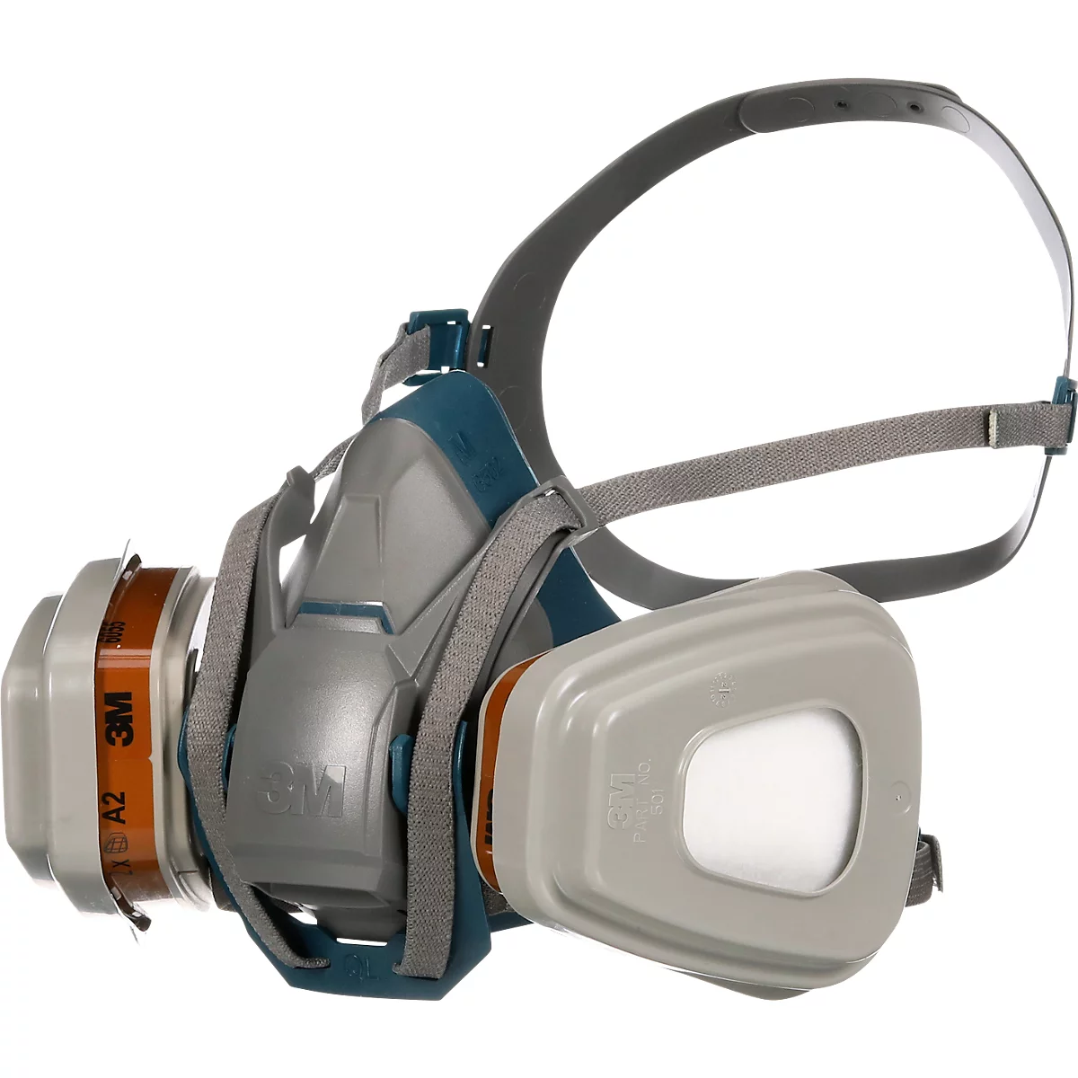 Eine graue Atemschutzmaske mit Filtern und Riemen.