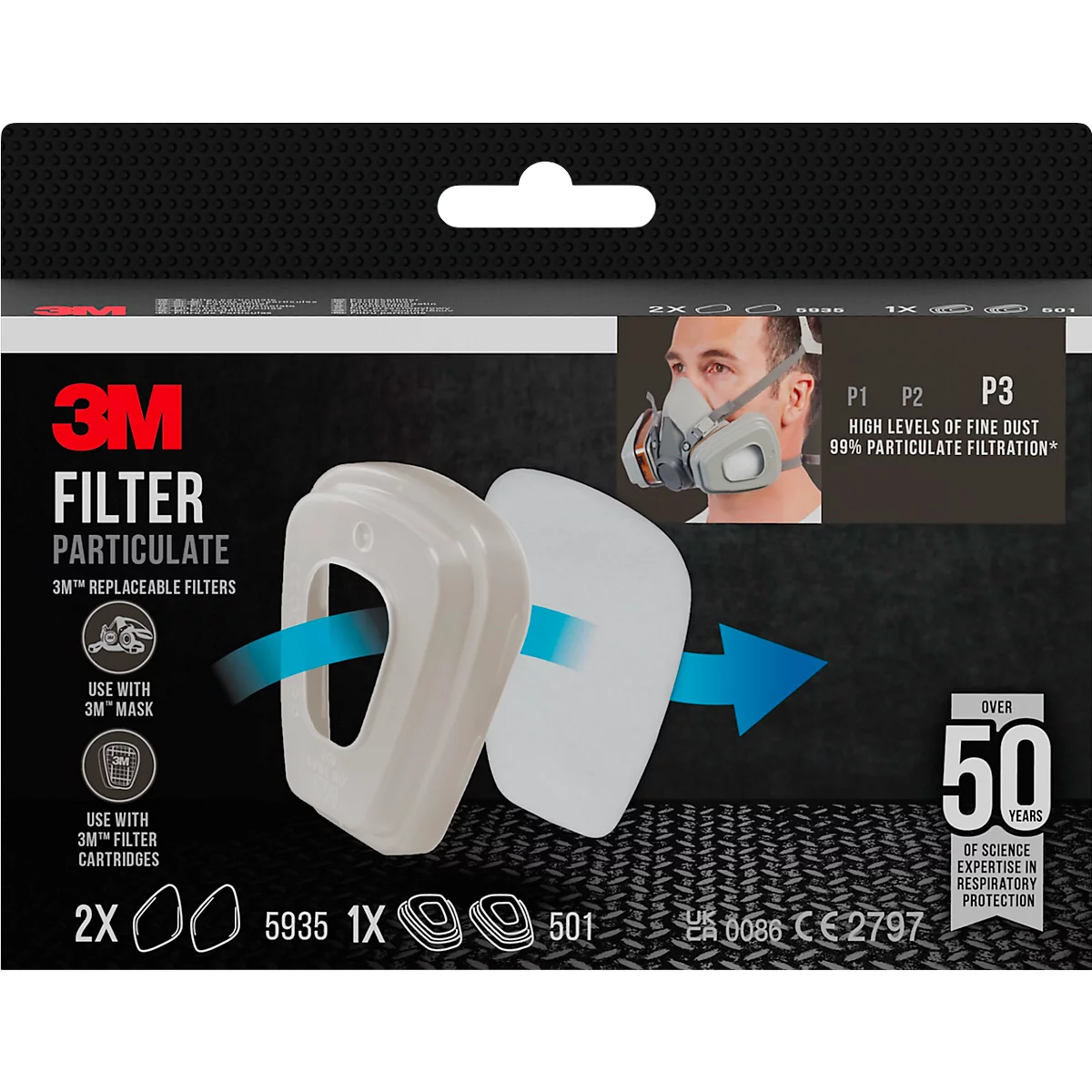 Verpakking met twee witte 3M deeltjesfilters. Blauwe pijlen geven de montage aan. Op de achtergrond een afbeelding van een man met een ademhalingsmasker.