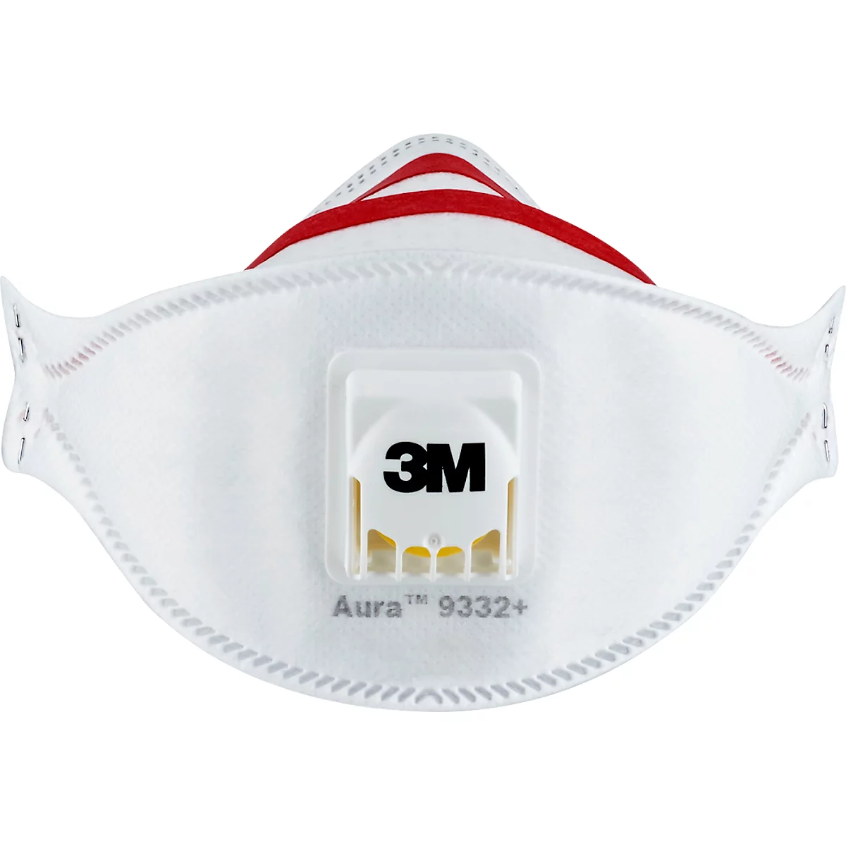 Weiße 3M Aura 9332+ Atemschutzmaske. Auf der Maske ist das 3M Logo zu sehen, sowie der Schriftzug Aura 9332+.