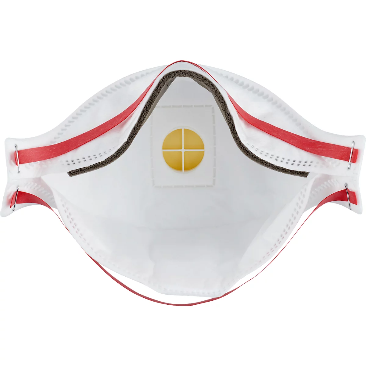 Innenansicht einer weißen Atemschutzmaske mit rotem Gummiband und gelbem Ventil in der Mitte.
