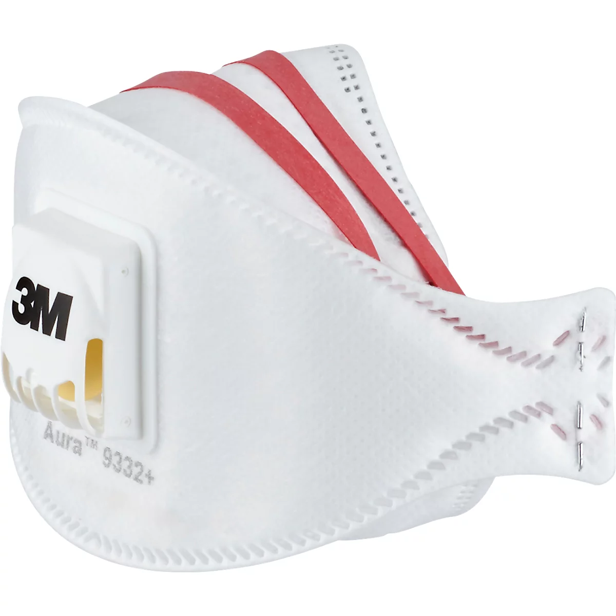 Weiße Schutzmaske mit roten Gummibändern. Aufgedruckt sind "3M Aura 9332+".