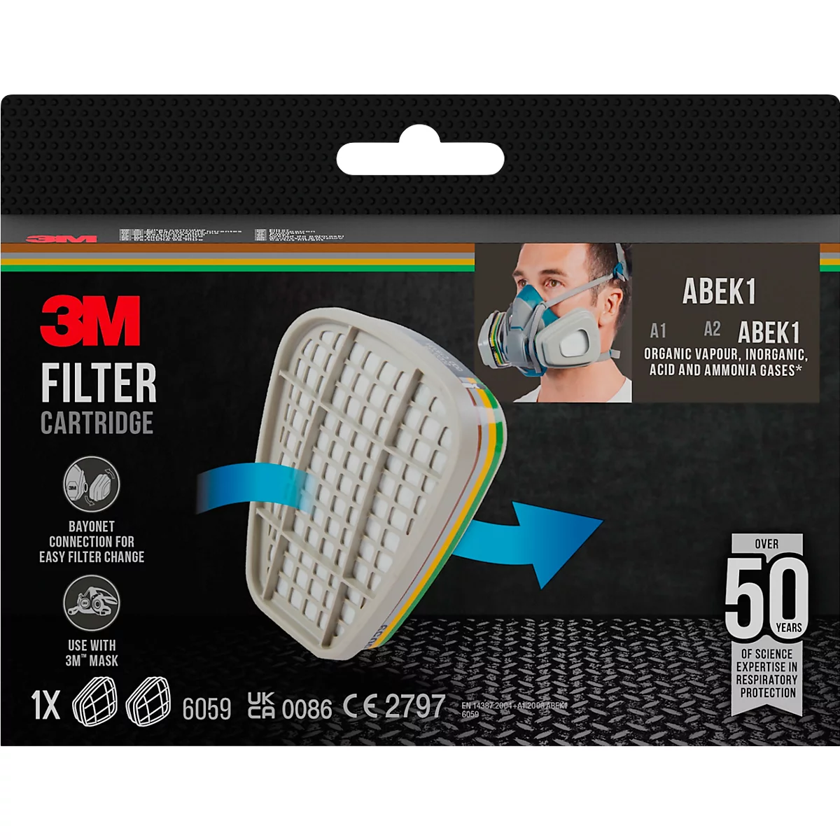 3M filterpatroon, met productinformatie en een man met een ademhalingsmasker. Tekst: ABEK1, organische dampen, anorganische zuren en ammoniak.