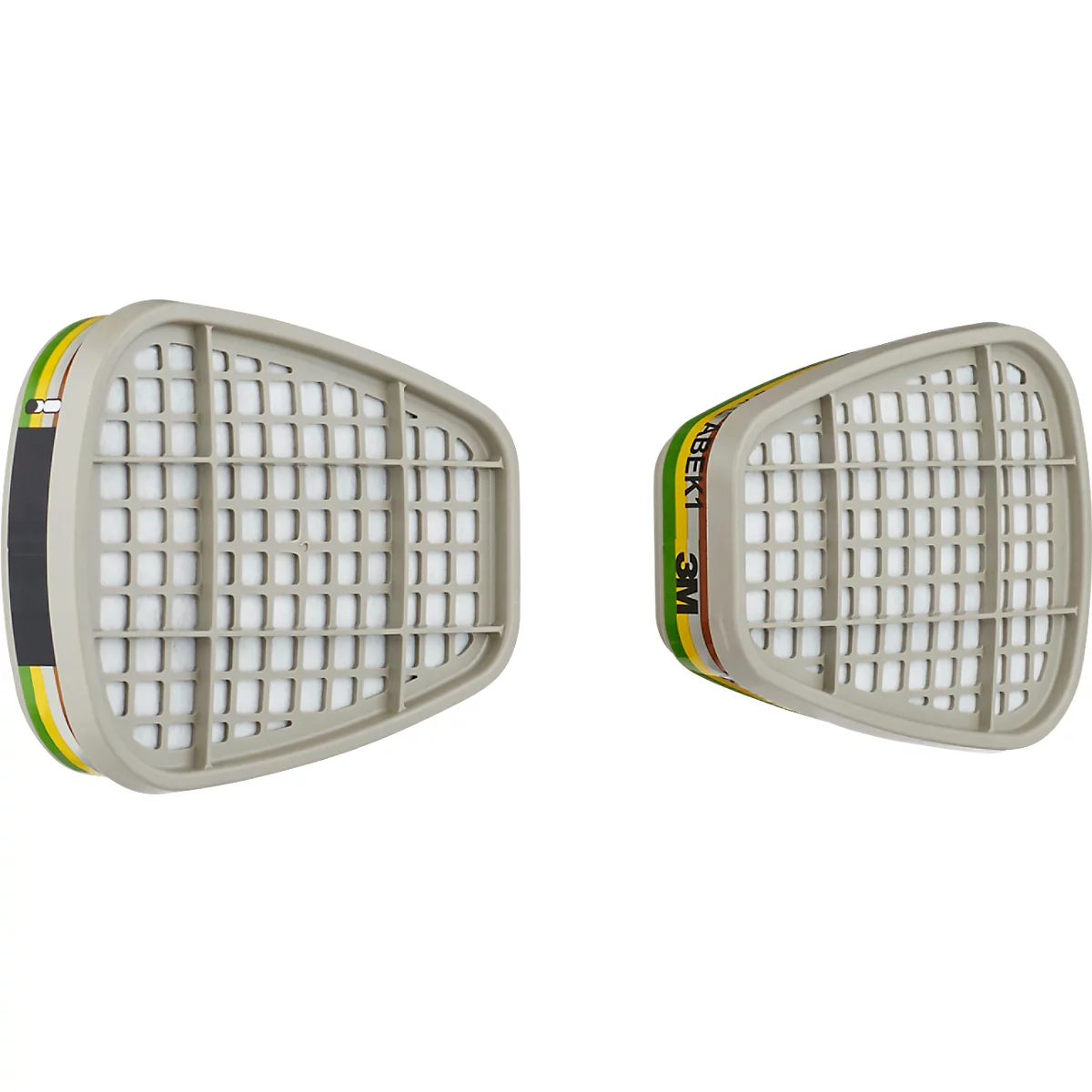 Twee filterpatronen, lichtgrijs met witte filters, liggen naast elkaar. Een heeft gele en groene accenten en het logo.