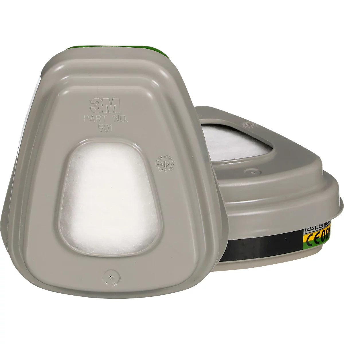 Zwei graue 3M Atemschutzfilter, einer mit weißem Filter. Auf einem Filter ist der Schriftzug '3M' zu sehen.