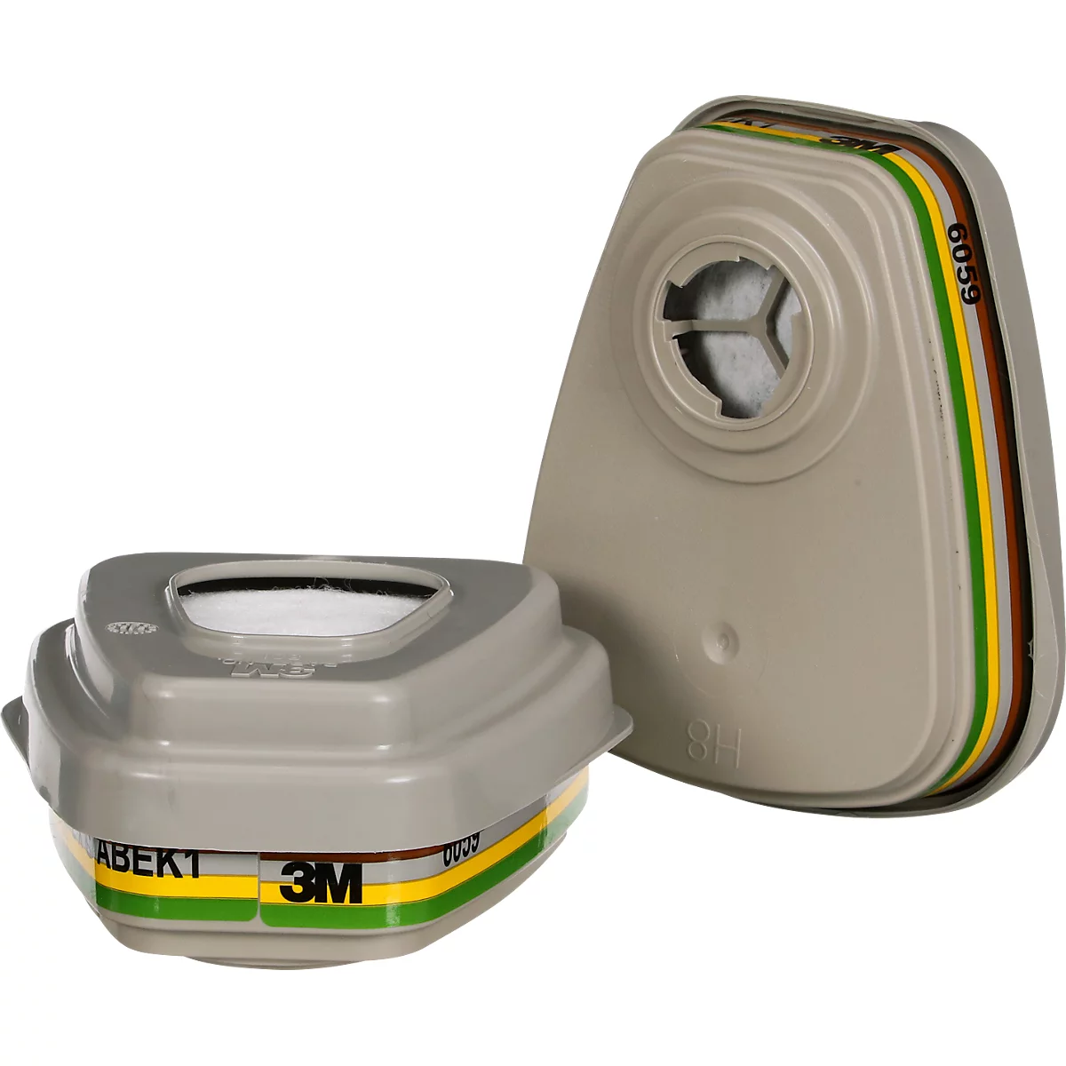 Zwei graue 3M Filterkartuschen. Eine liegt, die andere steht. Aufschrift 'ABEK1' und '3M'.