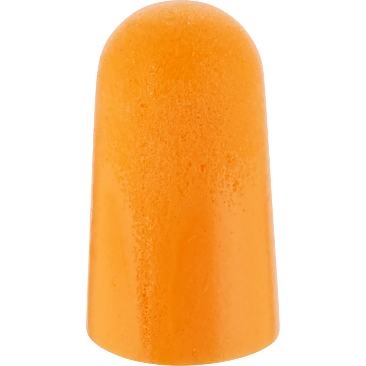 Nahaufnahme eines einzelnen, orangefarbenen Ohrstöpsels, leicht konisch zulaufend.