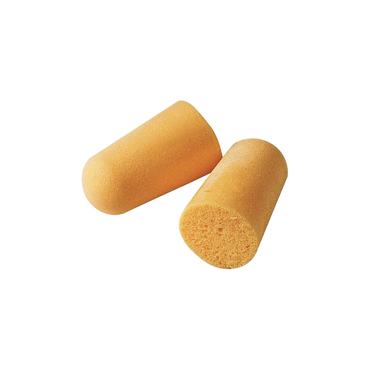 Zwei gelb-orangefarbene Ohrstöpsel aus Schaumstoff, Detailansicht.