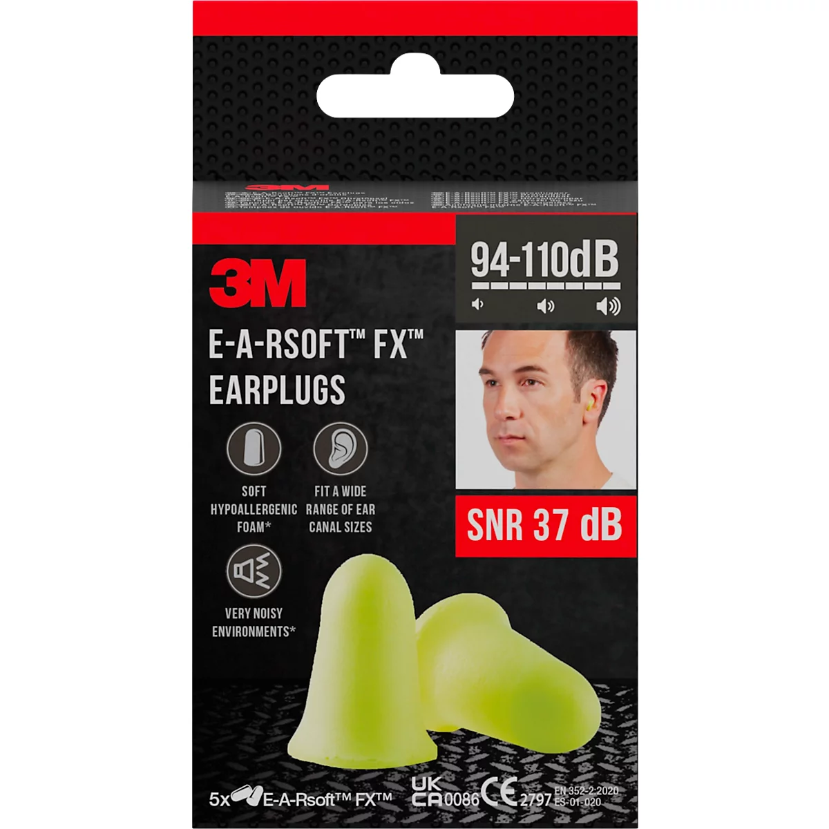 Packung mit gelben 3M E-A-Rsoft FX Ohrstöpseln, Text: SNR 37 dB, 94-110dB, E-A-Rsoft FX Ohrstöpsel.