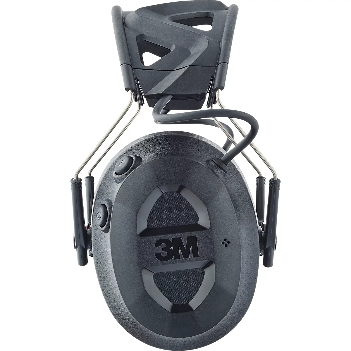 Dunkelgrauer Gehörschutz, 3M-Logo. Oberhalb ein Kopfband, seitlich Metallbügel.