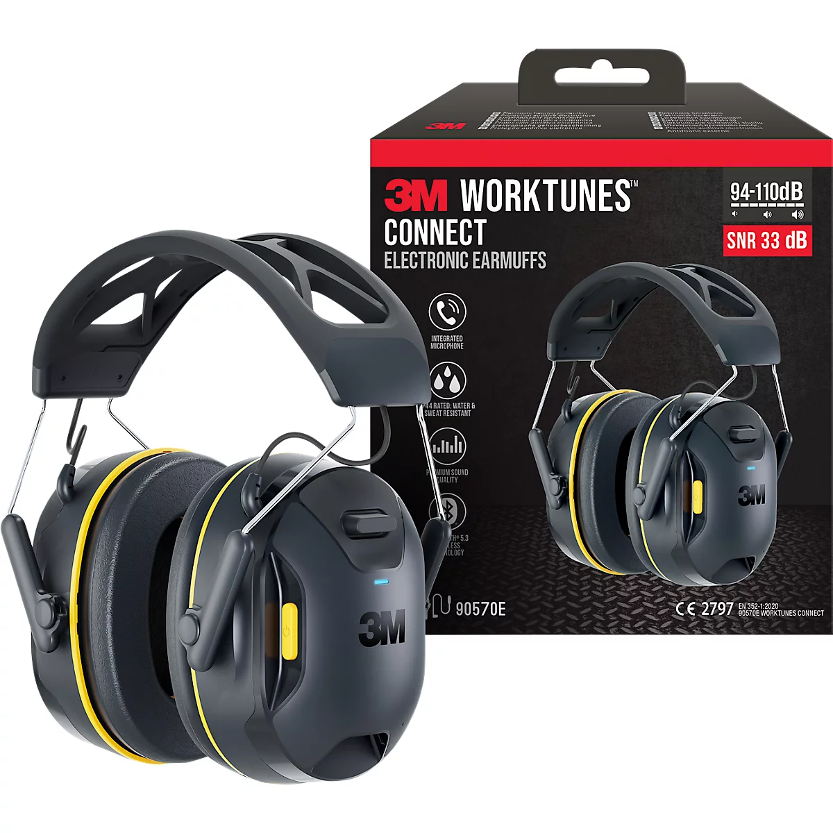 3M Kapselgehörschutz WorkTunes Connect, elektronisch, wasserbeständig, Bluetooth/USB-C, SNR 33 dB, bis 40 h, Lautstärkeregelung, Akkubetrieb