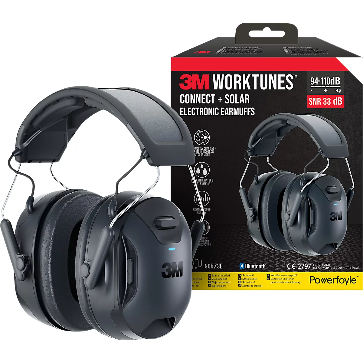 Schwarze 3M Worktunes Gehörschützer mit Solar- und Bluetooth-Funktion, daneben die Produktverpackung.