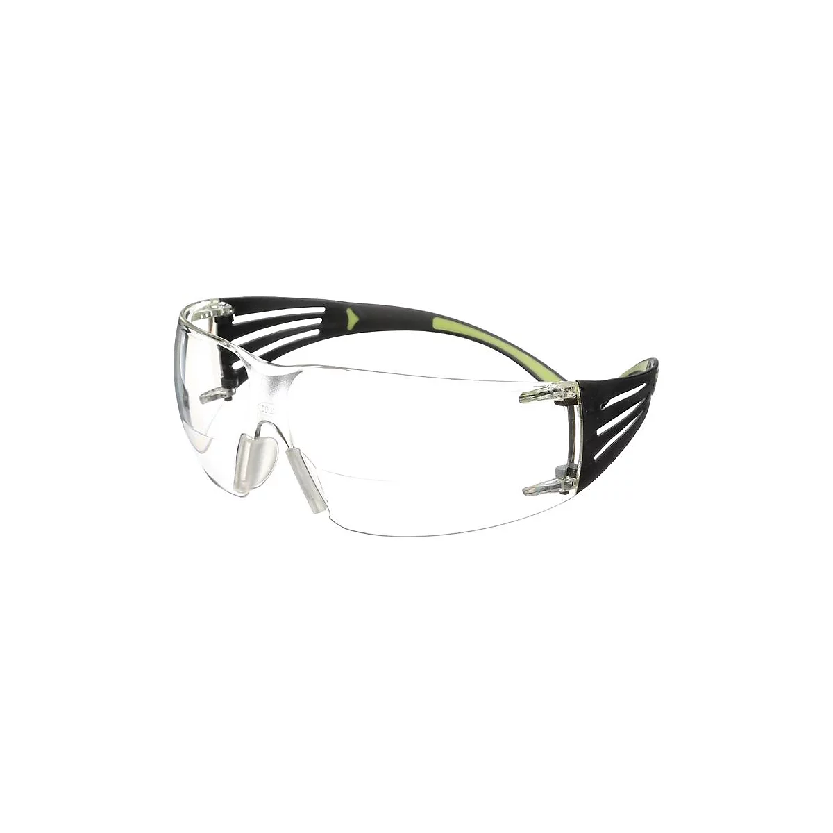 Lunettes de sécurité transparentes avec monture noire et accents verts, prise de vue détaillée.