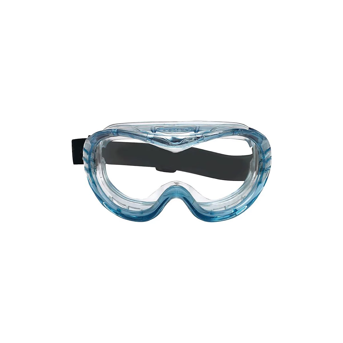 Lunettes de sécurité avec des accents bleus, une bande élastique noire et des lentilles transparentes, conçues pour protéger les yeux.