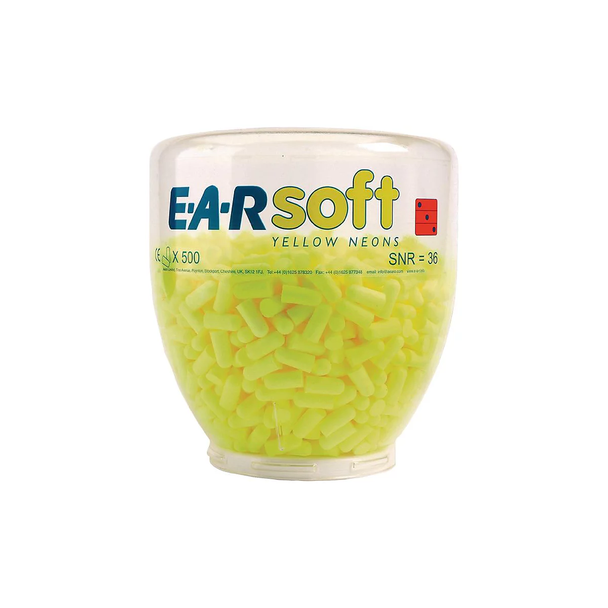 Transparante container gevuld met gele oordopjes. Tekst luidt E-A-Rsoft, Yellow Neons. SNR 36.