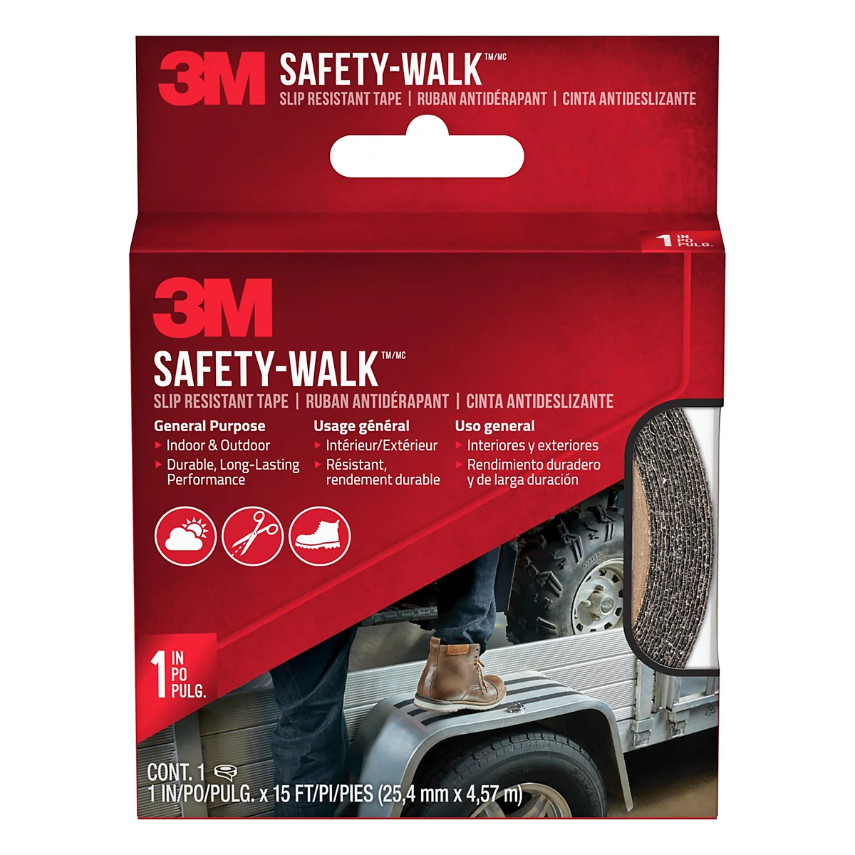 Produktverpackung der 3M Safety-Walk rutschfesten Klebebänder, mit Informationen und einer Darstellung der Anwendung.