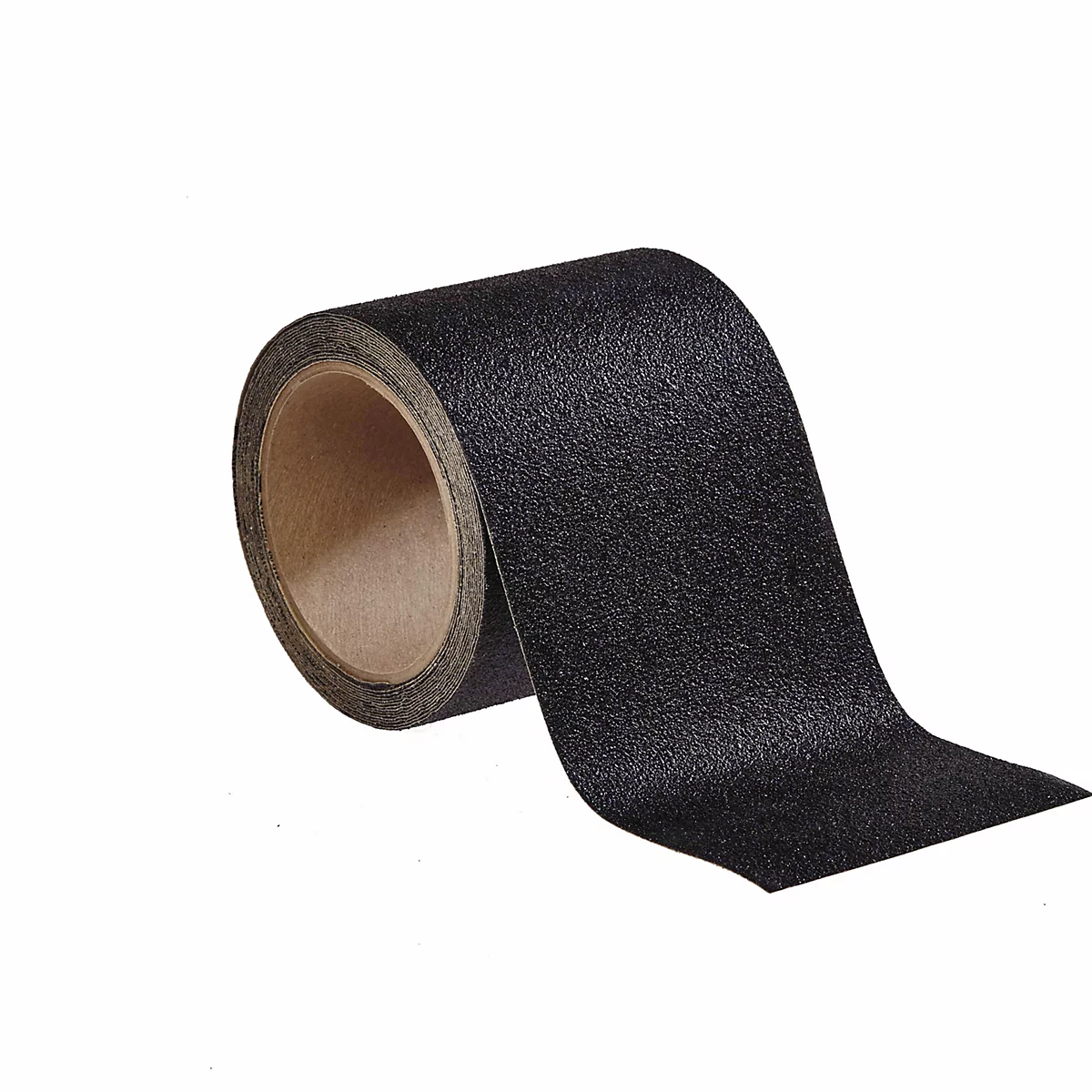 Schwarzes Anti-Rutsch-Klebeband auf Rolle, strukturiert, vor weißem Hintergrund. Rolle teilweise abgewickelt.