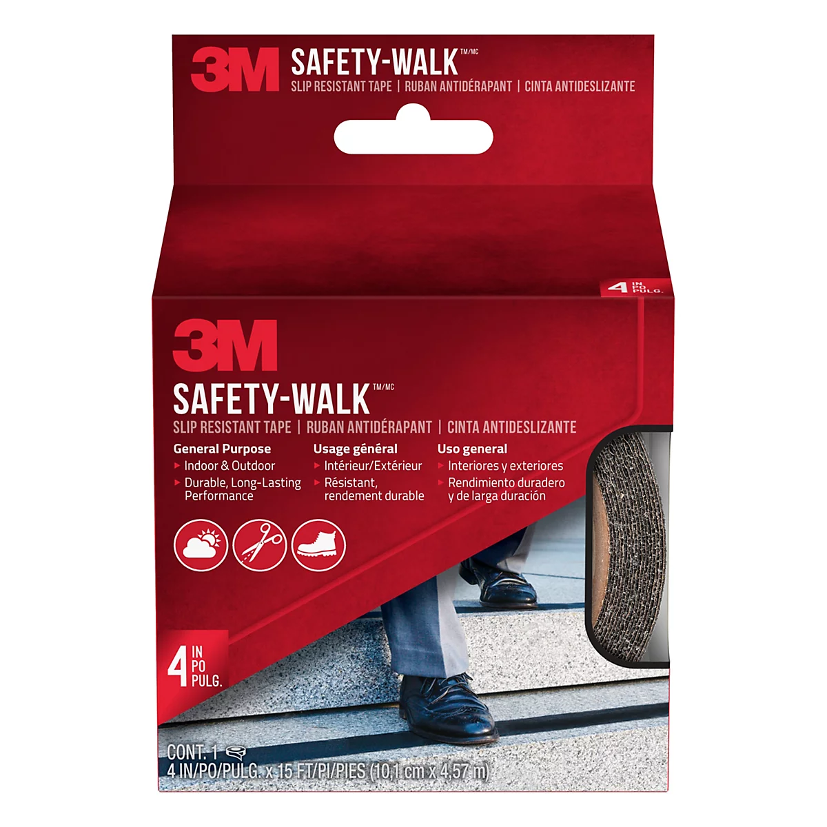 Emballage du ruban antidérapant 3M Safety-Walk avec un homme debout sur un escalier.
