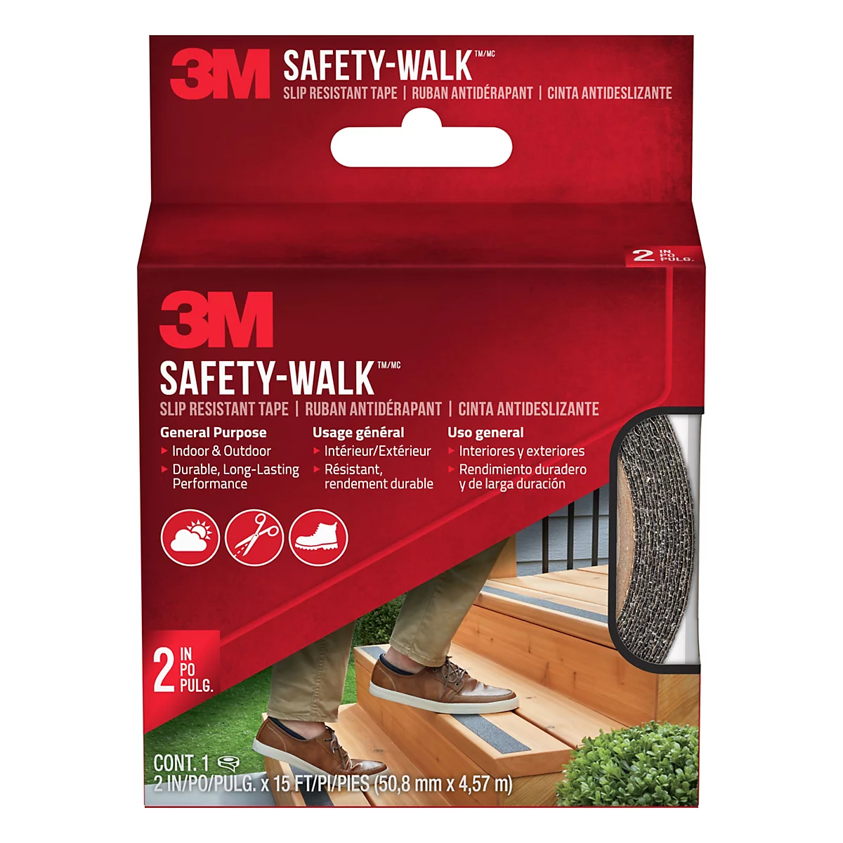 Produktverpackung mit 3M Safety-Walk Antirutschband. Das Band ist auf einer Treppenstufe angebracht, auf der eine Person steht.