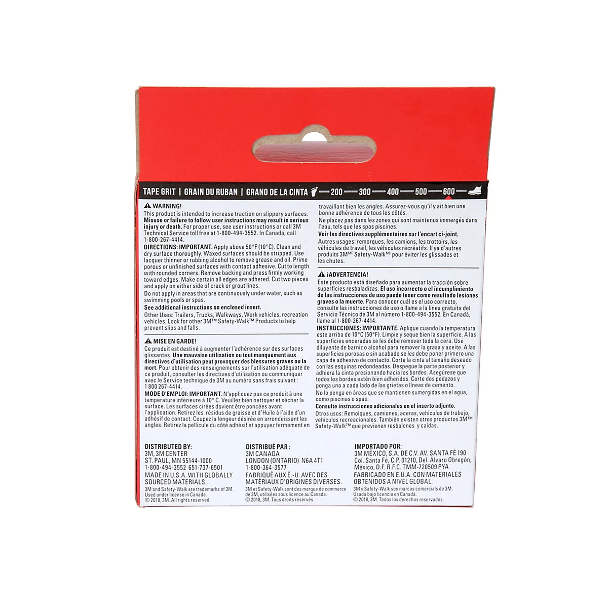 Rückseite einer roten Verpackung mit Produktinformationen und Text in Englisch, Französisch und Spanisch.