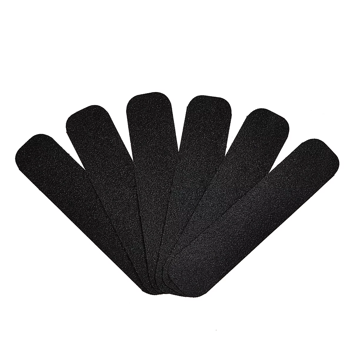 Sechs schwarze, längliche Schleifpads fächerartig angeordnet vor weißem Hintergrund.