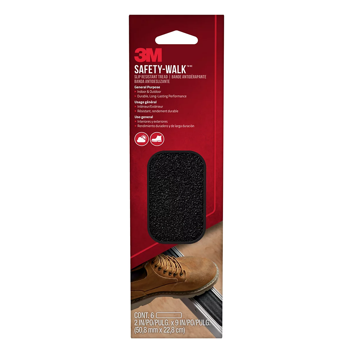 Emballage du produit avec une bande de roulement noire antidérapante de 3M. Une chaussure marron est posée sur un sol protégé par la bande de roulement.