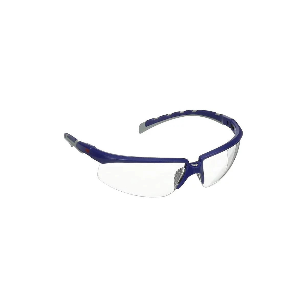 Blaue Schutzbrille mit klaren Gläsern. Der Bügel hat graue und blaue Elemente. Die Brille ist im Detail abgebildet.