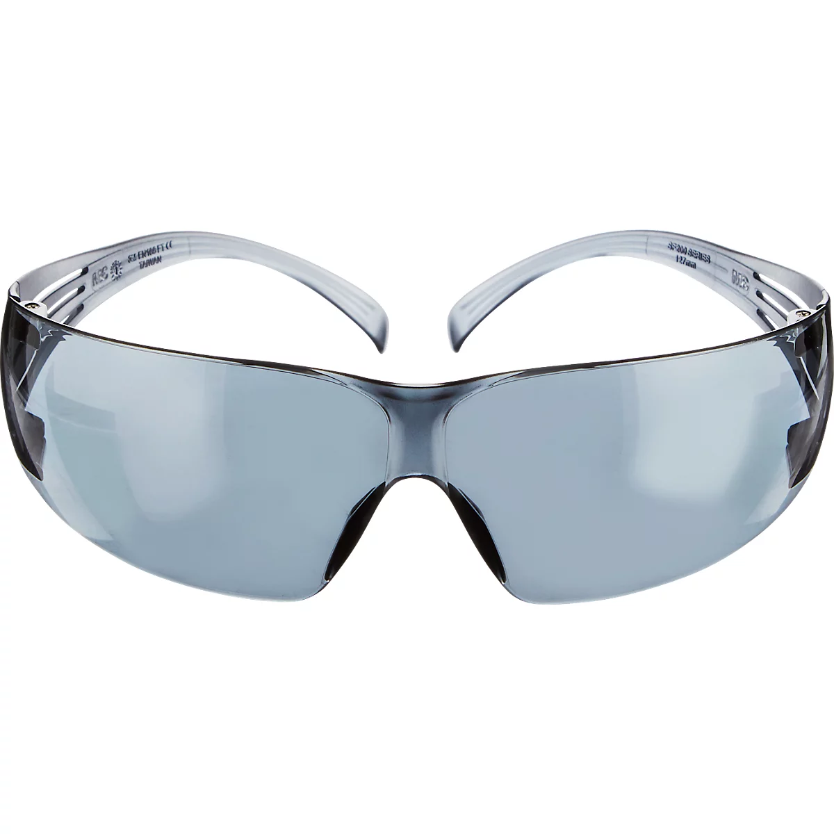 Klare Schutzbrille mit grau getönten Gläsern. Bügel und Rahmen sind transparent.