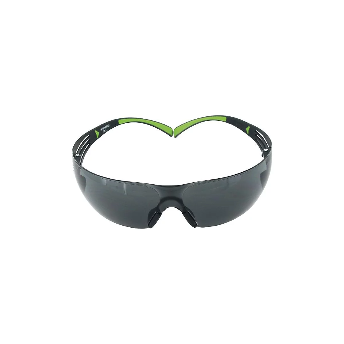 Sicherheitsbrille mit grauen Gläsern und grün akzentuierten Bügeln. Der Rahmen ist schwarz.