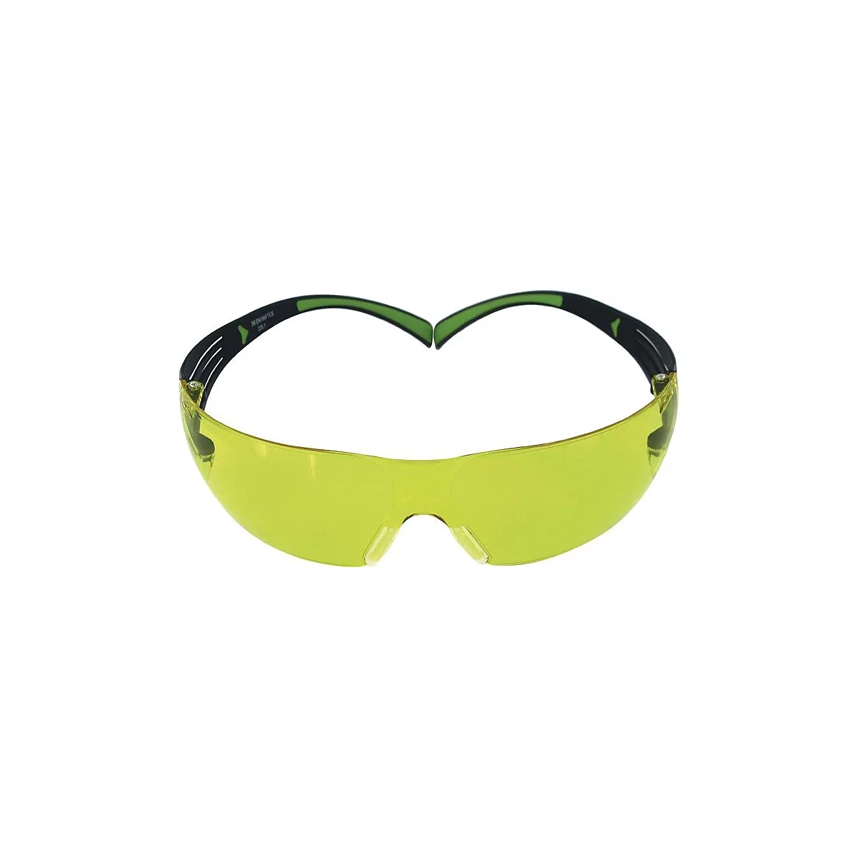 Gelbe Schutzbrille mit schwarzen und grünen Bügeln. Schutzgläser. Für Sicherheit und Gesundheit.