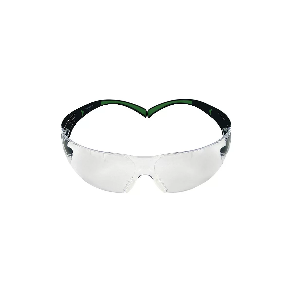 Transparente Schutzbrille mit schwarzen Bügeln und grünen Akzenten.