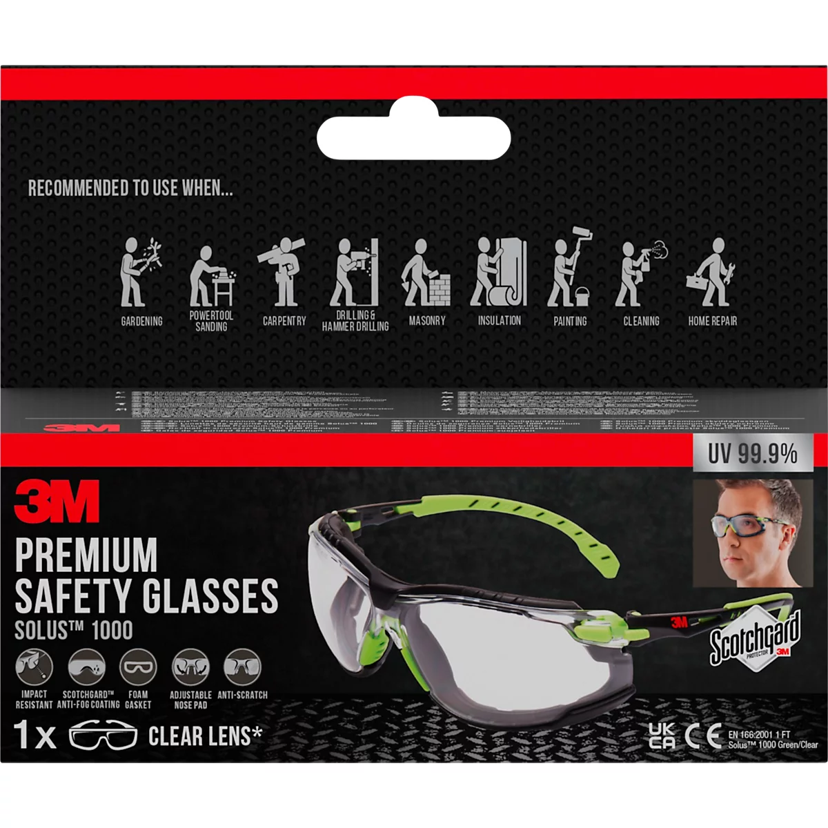 Schutzbrille mit grün-schwarzem Rahmen, schwarzem Hintergrund und Piktogrammen für verschiedene Anwendungen. Text: "Premium Safety Glasses Solus 1000".