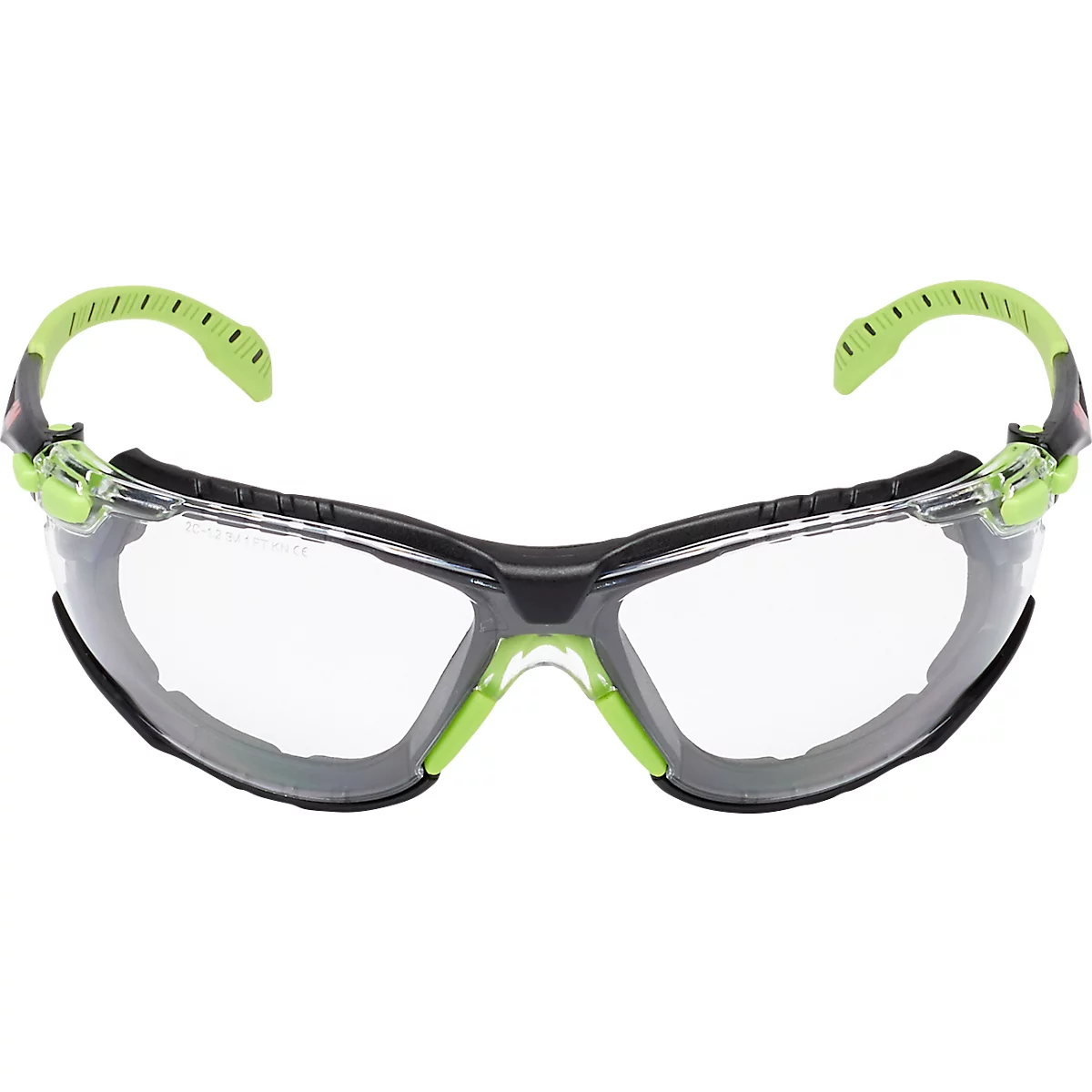 Schutzbrille mit transparenten Gläsern, schwarzen und grünen Akzenten.